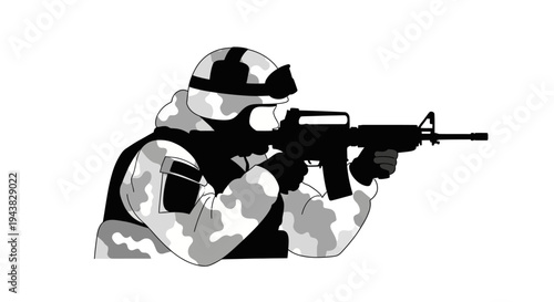 Soldier Aiming Rifle, Military Combat, Tactical Gear, Camouflage Uniform, Action Pose