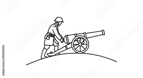Soldier Aiming Vintage Cannon on Hilltop, Historical Warfare Illustration