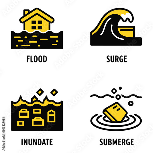 Vector art of set of icons representing flood, surge, inundate, and submerge concepts