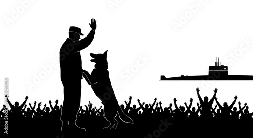 Soldier and Dog Greet Returning Submarine with Cheering Crowd