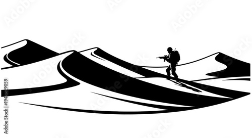 Soldier walking on sand dunes with rifle, desert landscape, military, survival concept