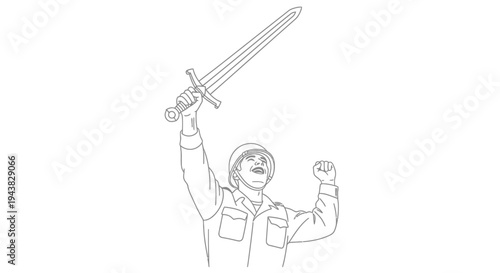 Soldier Victorious Holding Sword Up High, Celebrating Triumph and Victory