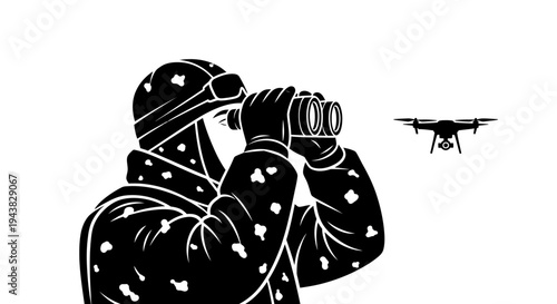 Soldier with binoculars spots drone in the sky, surveillance concept, military technology