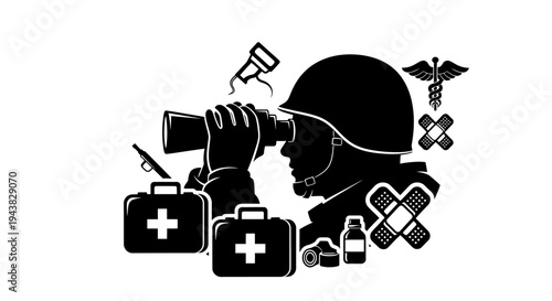 Soldier with binoculars and medical supplies, symbolizing military medical support and vigilance