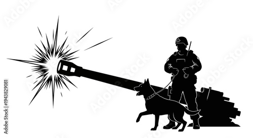 Soldier and Military Dog Guarding Artillery Cannon Firing with Muzzle Flash