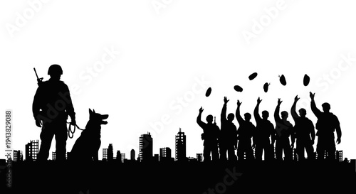 Soldier and Dog Silhouette Against Cityscape with Crowd Throwing Grenades