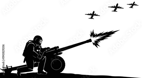 Soldier fires artillery gun at enemy aircraft during war conflict, military action