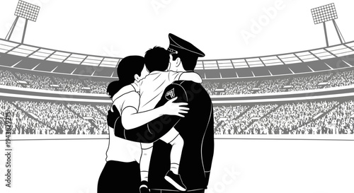 Soldier family reunion at stadium, embracing child, homecoming, military, love, support