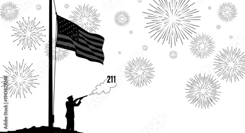 Soldier Fires Salute at Flag at Half-Mast with Fireworks Background