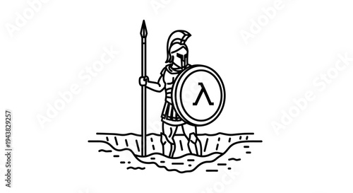 Spartan Warrior with Lambda Shield Standing in Trench, Ancient Greek Soldier Symbol