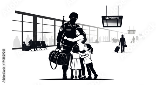 Soldier Hugs Children Goodbye at Airport Departure Gate