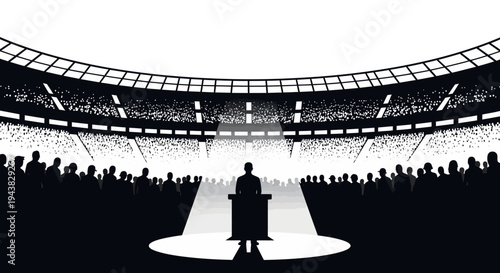 Speaker on stage in stadium, audience watching, spotlight, presentation, event, stadium lights