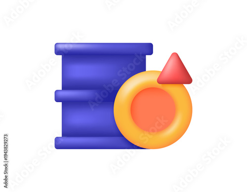 3D style illustration of an oil barrel, coins, and an upward arrow. The concept of rising oil prices. The rising price of fuel. The rise in gasoline. Symbol, icon, element, metaphor, 3D vector