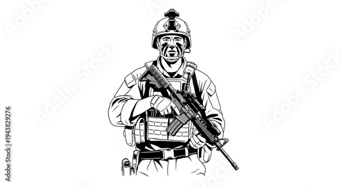 Soldier in Combat Gear Holding Rifle, Ready for Action, Military Camouflage Face Paint