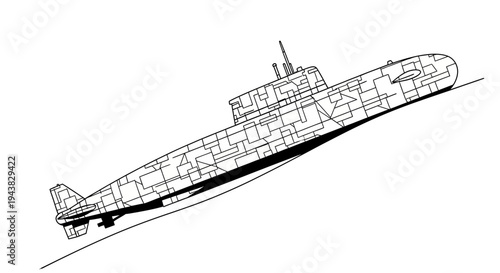 Submarine illustration, technical drawing, naval warfare, underwater vessel, military ship