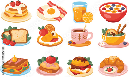 Illustration of diverse breakfast foods including pancakes eggs bacon toast waffles coffee juice salad sandwich croissant burger cereal fruit