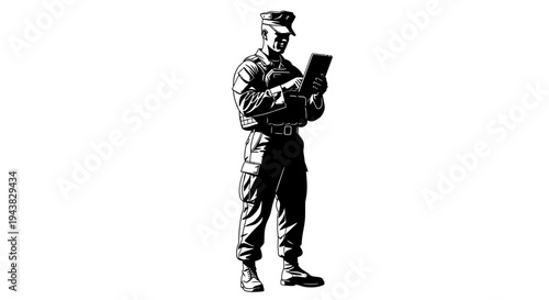 Soldier in Uniform Holding Tablet, Military Technology, Digital Warfare, Modern Army