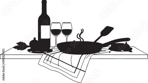 Black silhouette of wine and cooking utensils on table