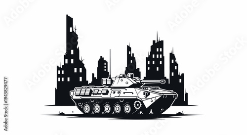Tank in Ruined City Silhouette: War Destruction, Military Conflict, Urban Warfare