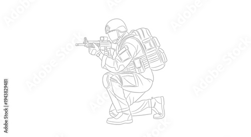 Soldier kneeling with rifle, tactical gear, military action, combat readiness, outline illustration