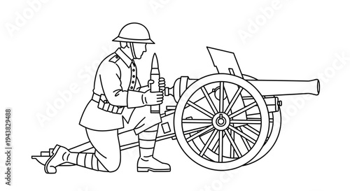 Soldier Loading Artillery Cannon During Wartime
