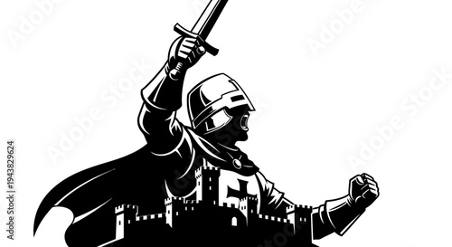 Victorious Knight in Armor Raises Sword Over Castle Silhouette, Medieval Warrior Triumph
