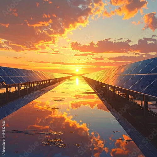A serene solar panel array at sunset with reflective water (1)