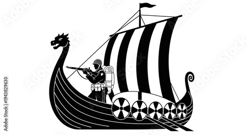 Viking Ship with Soldier and Rifle, Dragon Head, Medieval Warship, Black and White