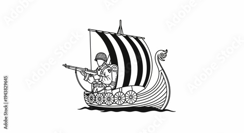 Viking Ship with Soldier and Rifle, Historical Warfare, Modern Military Concept