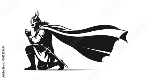 Viking Warrior Kneeling in Prayer with Sword and Flowing Cape