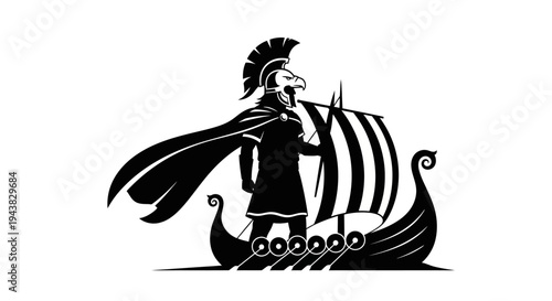 Viking Warrior with Eagle Helmet on Longship Silhouette
