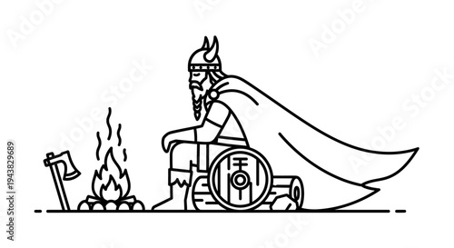 Viking Warrior Resting by Campfire with Axe and Shield, Outline Illustration