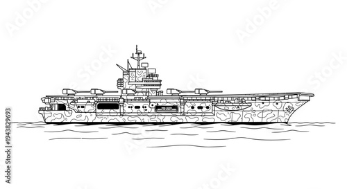 Vintage Aircraft Carrier Illustration on Water