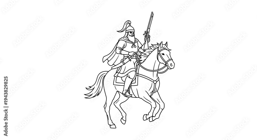 Fototapeta premium Warrior Knight on Horseback with Sword, Medieval Warrior, Historical Illustration