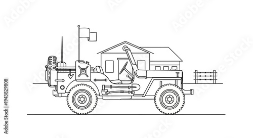 Vintage Military Jeep with Flag and Jerry Can, Rural Background