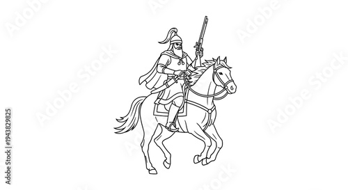 Warrior Knight on Horseback with Sword, Medieval Warrior, Historical Illustration