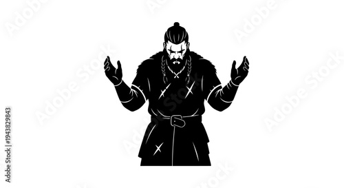 Warrior Monk Silhouette with Open Arms, Spiritual Warrior, Zen Meditation, Black and White