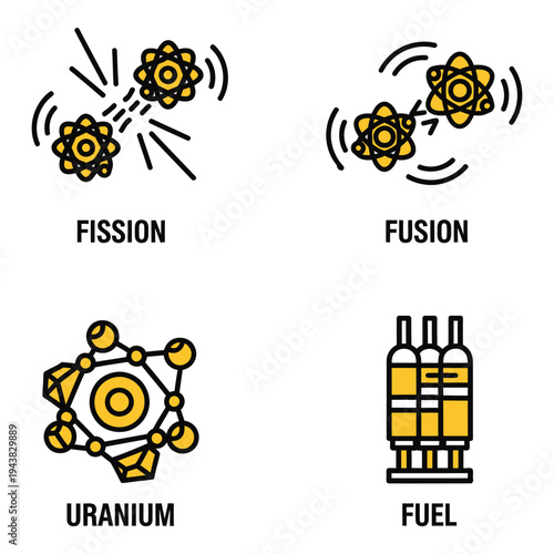 Vector art of set of four icons representing nuclear fission, fusion, uranium, and fuel