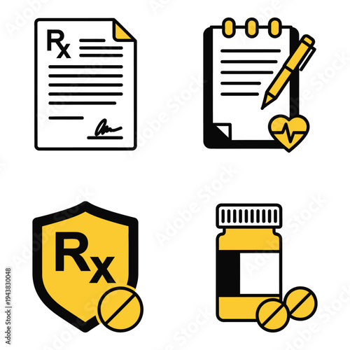 Vector art of medical icons including prescription forms, a shield with rx symbol, and a pill bottle with pills