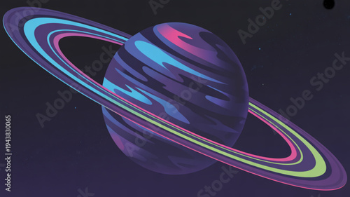 Vibrant purple planet with colorful rings in space astronomy and cosmos concept with neon lights
