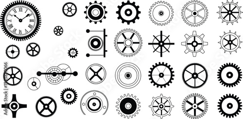 Mechanical gear wheels and clock parts collection, industrial cogwheel mechanism vector set isolated engineering design elements
