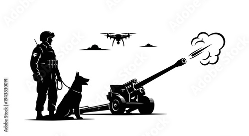 Soldier with dog and drone near cannon firing, modern warfare concept