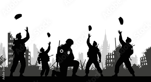 Soldiers Celebrating Victory in Ruined City Silhouette