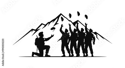 Soldiers Celebrating Victory on Mountain Summit, Throwing Rocks in Joy