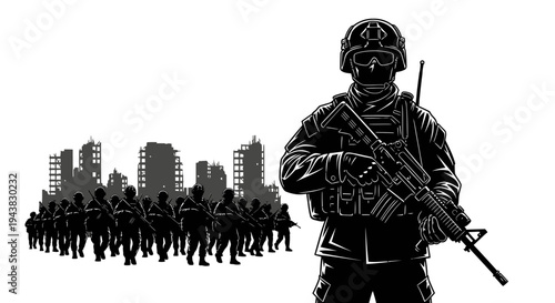 Soldiers in Ruined City: Military Patrol, Urban Warfare, Post-Apocalyptic Scene