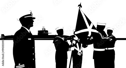 Us Navy Officers and Submarine, Military Ceremony with Flag
