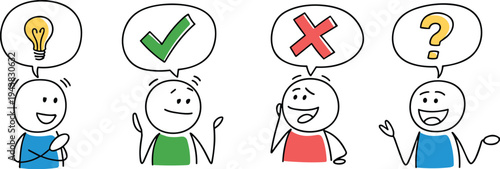 Hand drawn cartoon characters showing idea, correct answer, wrong choice and question mark in speech bubbles, creative thinking concept illustration isolated on white background