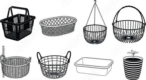 Collection of household storage baskets and containers including wire mesh plastic wicker rattan laundry shopping hanging garden pots and plastic basins