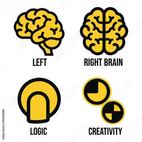 Vector art of set of four brain icons representing left brain, right brain, logic, and creativity