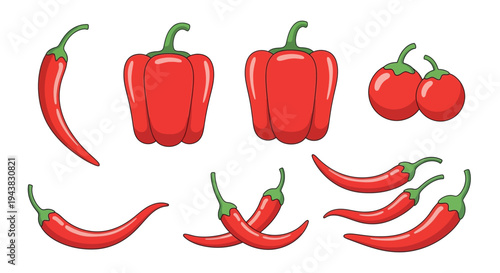 A collection of vibrant red chili peppers in various shapes and sizes